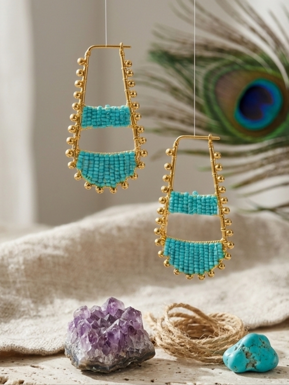 Aqua Beaded Statement Hoop Earrings Handmade Artisan Boho Ethnic Gold Drop - Picture 16 of 16
